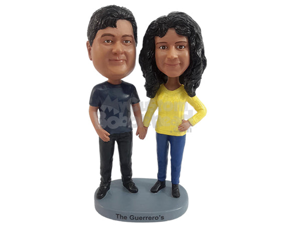 Custom Bobblehead Happy couple wearing nice t-shirt and sweatshirt - Wedding & Couples Couple Personalized Bobblehead & Action Figure