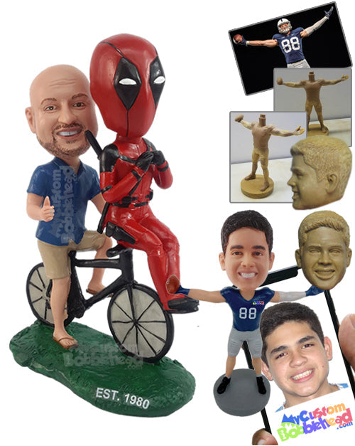 Funny-looking Couple Riding with His Favorite Action Hero on the Bicycle Personalized Bobblehead