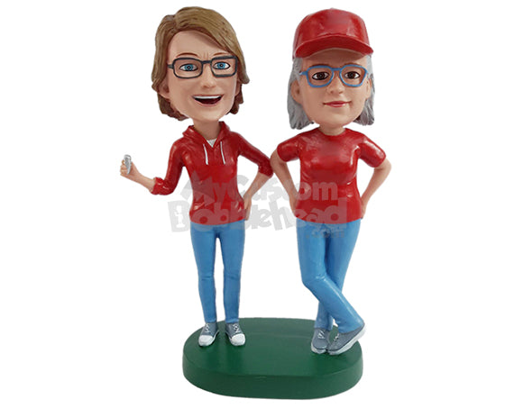 Happy, Cheery Female Couple Getting High Hopes for Their Favorite Team, Wearing a Sweatshirt and T-shirt Personalized Bobblehead