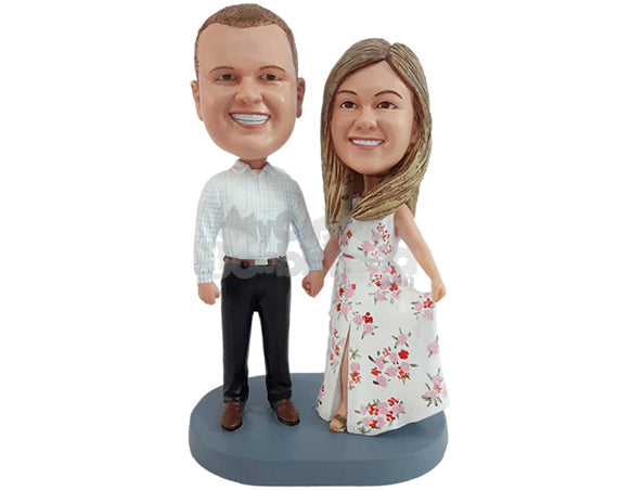 Custom Bobblehead Dazzling couple wearing gorgeous spring outfit holding hands - Wedding & Couples Couple Personalized Bobblehead & Action Figure