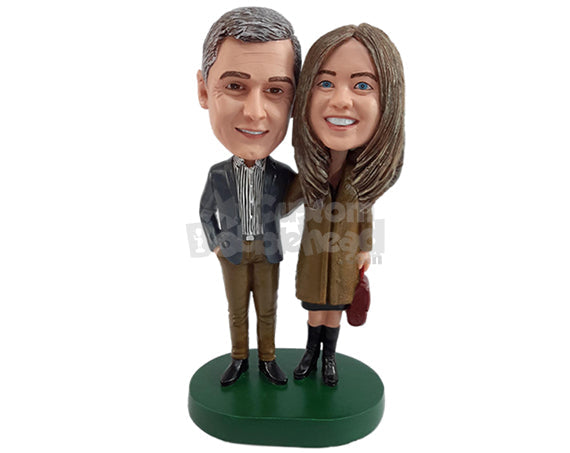 Custom Bobblehead Elegant rich and jovious looking couple wearing expensive coat and hand bag - Wedding & Couples Couple Personalized Bobblehead & Action Figure