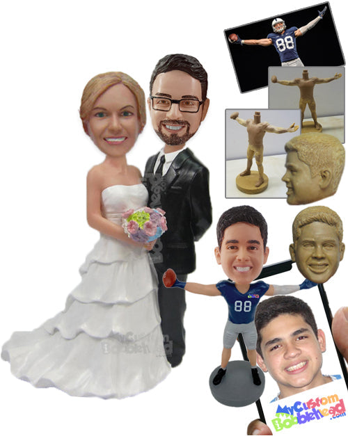 Lovely Wedding Couple In Wedding Attire Standing Together With A Bouquet Personalized Bobblehead