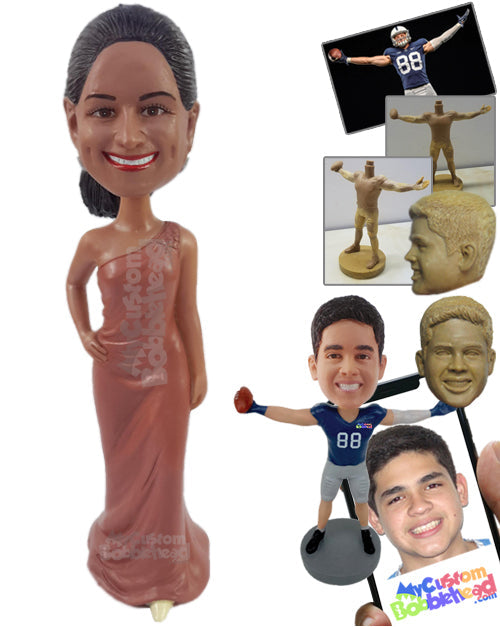 Nice bridesmaid wearing a one-shoulder strap dress with one hand on hip Personalized Bobblehead