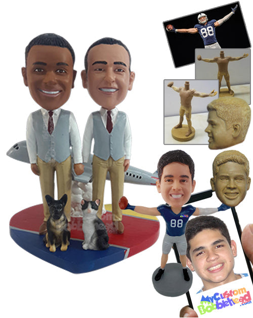 Flight Attendant Male Couple Ready to Take Flight Wearing Nice Suit Vests and Tie Personalized Bobblehead