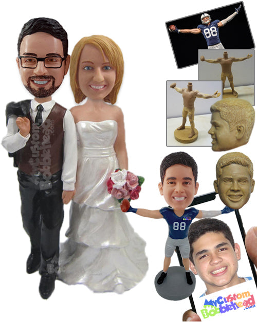 Bride & Groom in Trendy Wedding Attire, Groom Draping Jacket Over Shoulder Personalized Bobblehead