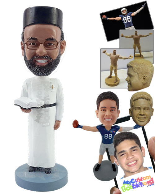 Religious priest wearing long robes, holding the sacred book Personalized Bobblehead