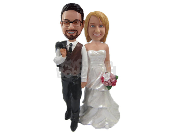 Bride & Groom in Trendy Wedding Attire, Groom Draping Jacket Over Shoulder Personalized Bobblehead