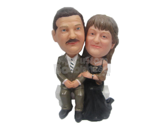 Custom Bobblehead Couple In Classic Formal Attire Seating On A Bench Holding Hands - Wedding & Couples Couple Personalized Bobblehead & Cake Topper