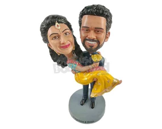 Custom Bobblehead Very Loving traditional couple male holding fmale on his arms wearing a bautiful sari dress  - Wedding & Couples Bride & Groom Personalized Bobblehead & Action Figure