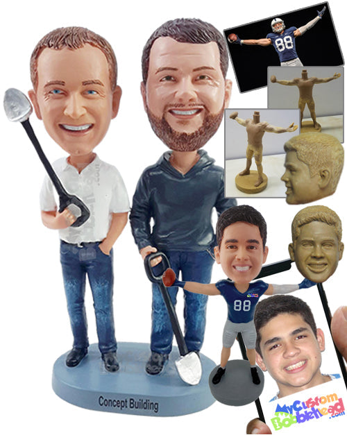 Construction Company Owners Holding Shovels Wearing Nice Shirt and Hoodie Personalized Bobblehead