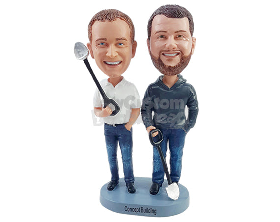 Construction Company Owners Holding Shovels Wearing Nice Shirt and Hoodie Personalized Bobblehead