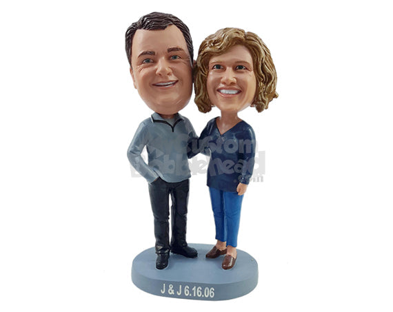 Custom Bobblehead Casual jovious couple wearing nice relaxed clothing with hand inside pocket - Wedding & Couples Couple Personalized Bobblehead & Action Figure