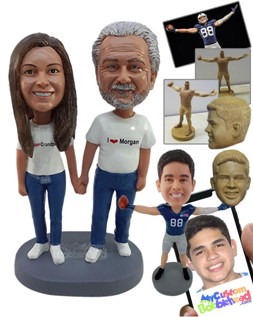 Loving grandpa and granddaughter holding hands together, wearing t-shirts and jeans Personalized Bobblehead