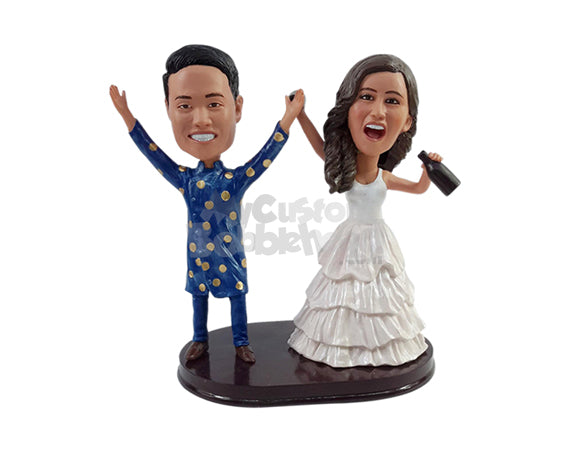 Custom Bobblehead Tradtonal Groom wearing nice costume and Bride on beautiful long wedding dress holding a bottle - Wedding & Couples Bride & Groom Personalized Bobblehead & Action Figure