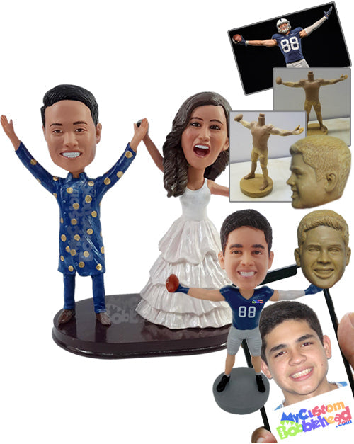 Tradtonal Groom wearing nice costume and Bride on beautiful long wedding dress holding a bottle Personalized Bobblehead