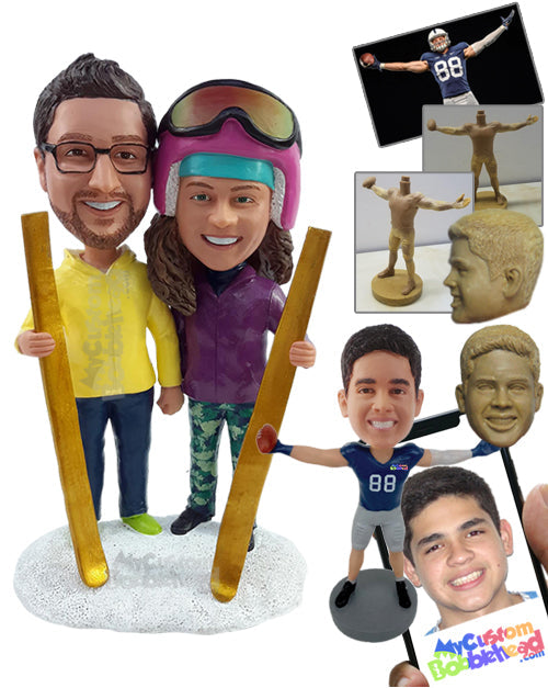 Ski couple on the snow, geared up with ski pads Personalized Bobblehead