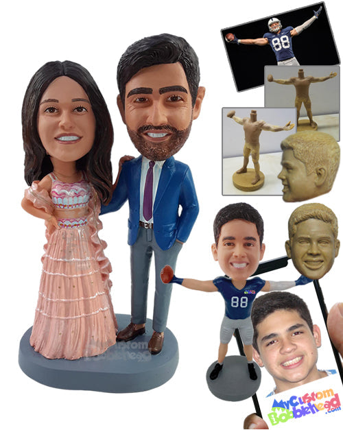 Bride Wearing Gorgeous Dress and Groom in Elegant Suit and Tie with Hand on Hip Personalized Bobblehead