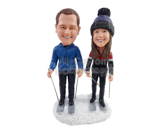 Custom Bobblehead Couple on skis ready to go down the mountain wearing warm jackets - Wedding & Couples Couple Personalized Bobblehead & Action Figure