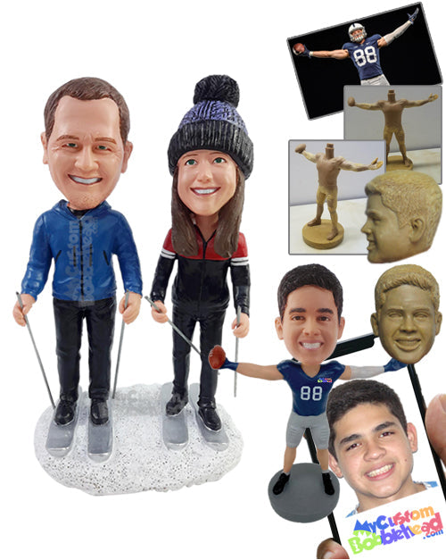 Couple on Skis Ready to Go Down the Mountain Wearing Warm Jackets Personalized Bobblehead