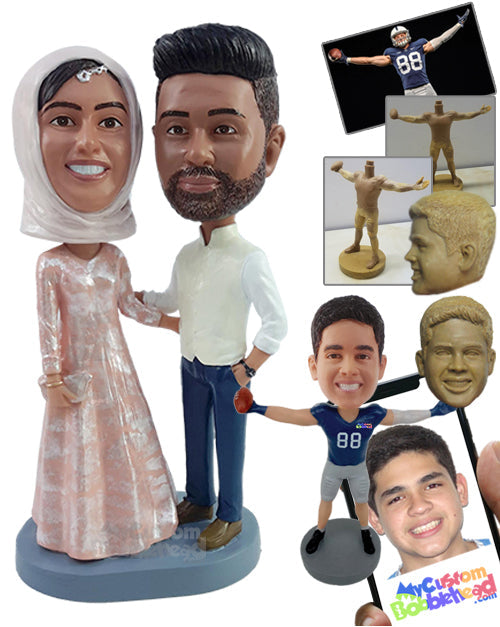 Traditional jovious couple wearing long dress and nice highneck shirt Personalized Bobblehead