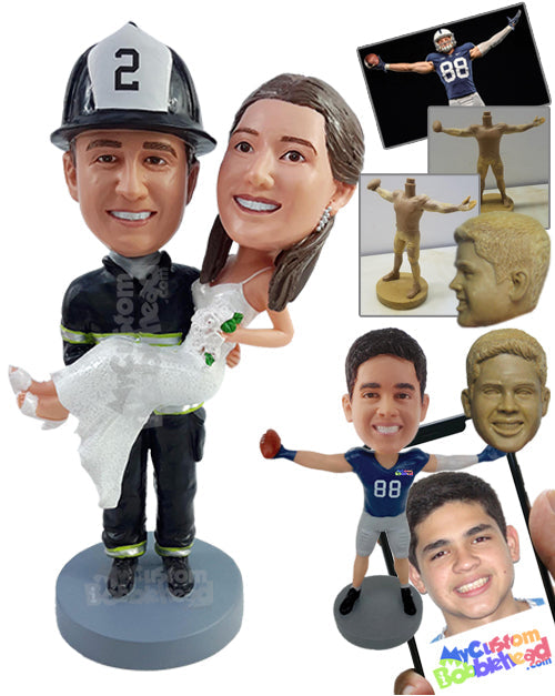 Super Firefghter rescuing the Bride from the flames of love, wearing fire suite and wedding dress Personalized Bobblehead