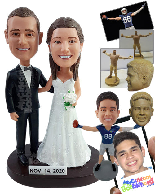 Elegant Posing Couple Holding Each Other with Bride Holding a Bouquet Personalized Bobblehead