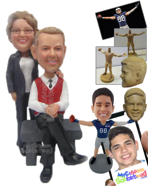 Lovely Couple in Formal Attire with the Male Sitting and the Woman Standing Behind Him Personalized Bobblehead