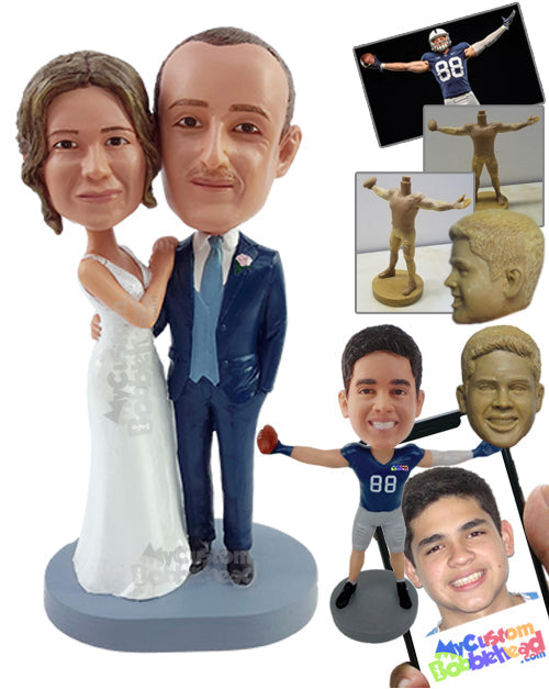 Charming Couple Wearing Nice Suit, Vest, and Tie and Nice Long Silk Dress Personalized Bobblehead