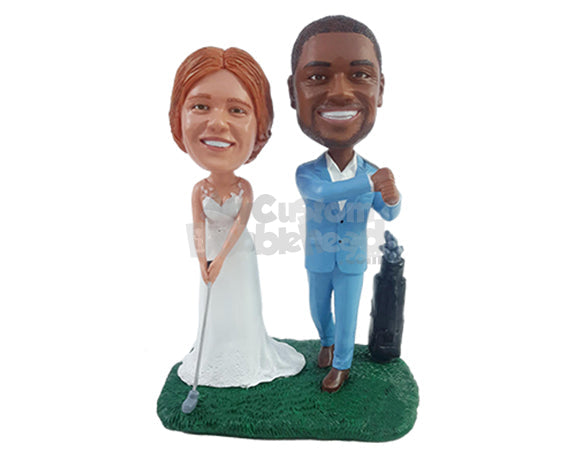 Custom Bobblehead Golf lovers couple playing their favorite sport on their wedding day - Wedding & Couples Bride & Groom Personalized Bobblehead & Action Figure