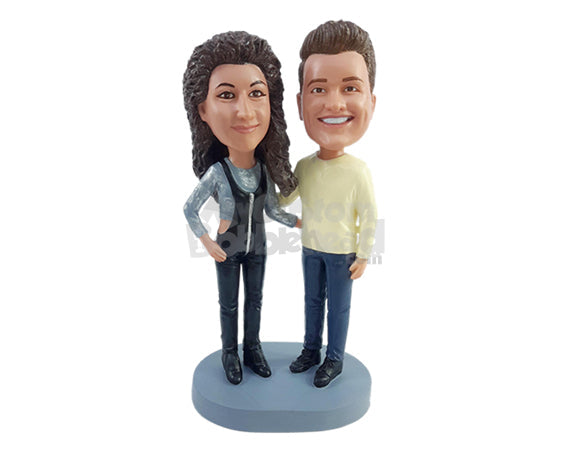 Custom Bobblehead Happy couple wearing fashionable overalls and long sleeve round neck shirt - Wedding & Couples Couple Personalized Bobblehead & Action Figure