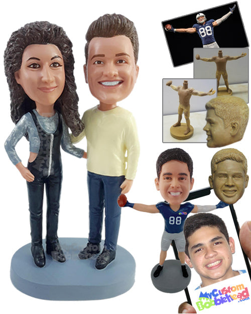 Happy Couple Wearing Fashionable Overalls and Long Sleeve Round Neck Shirt Personalized Bobblehead