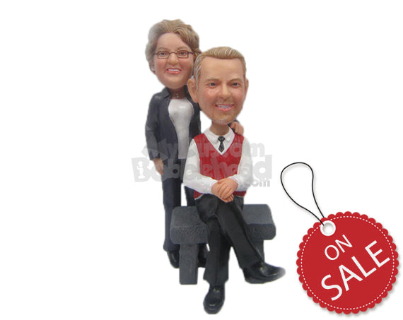 Custom Bobblehead Lovely Couple In Formal Attire With The Male Sitiing And The Woman Standing Behind Him - Wedding & Couples Couple Personalized Bobblehead & Cake Topper