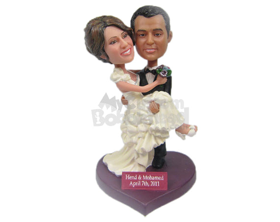 Custom Bobblehead Groom Carrying Bride Wearing Fashionable Wedding Attire - Wedding & Couples Bride & Groom Personalized Bobblehead & Cake Topper