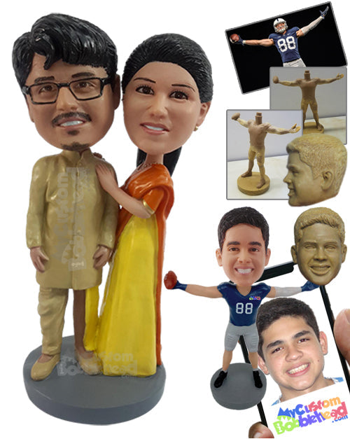 Classic Costumary Wedding Dress and Outfit, Bride, Resting Hand on Groom's Shoulder Personalized Bobblehead