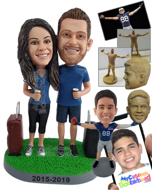 Sporty couple travelers holding coffee cups, wearing shorts Personalized Bobblehead