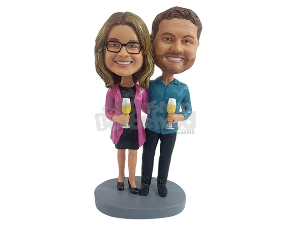 Custom Bobblehead Cheery couple toasting for a happier life togetherwearing nice outfit - Wedding & Couples Couple Personalized Bobblehead & Action Figure