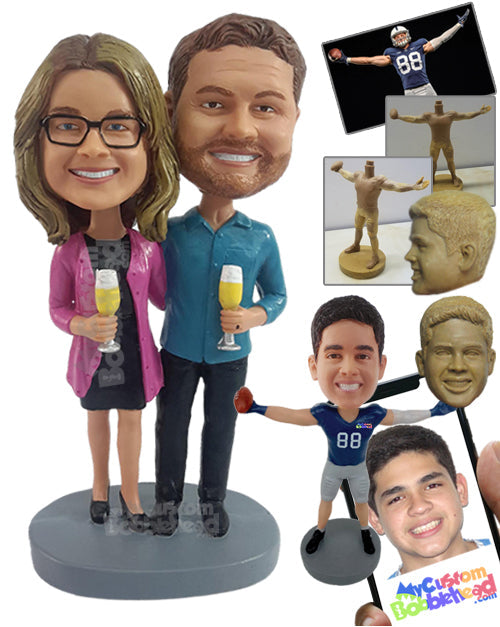 Cheerful Couple Toasting for a Happier Life Together Wearing Nice Outfits Personalized Bobblehead