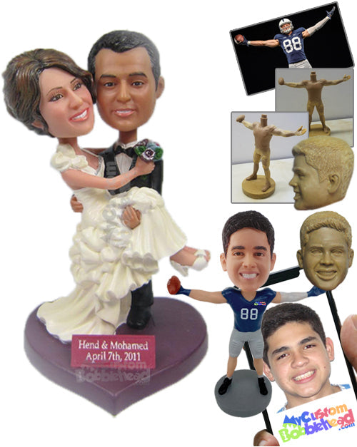 Groom Carrying Bride Wearing Fashionable Wedding Attire Personalized Bobblehead