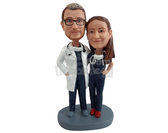 Custom Bobblehead Medical doctor couple wearing medical attire and lab coats with stethoscopes - Wedding & Couples Couple Personalized Bobblehead & Action Figure