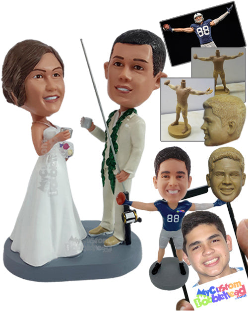 Happy Fishing Couple Toasting on Their Big Day with a Fishing Rod Personalized Bobblehead