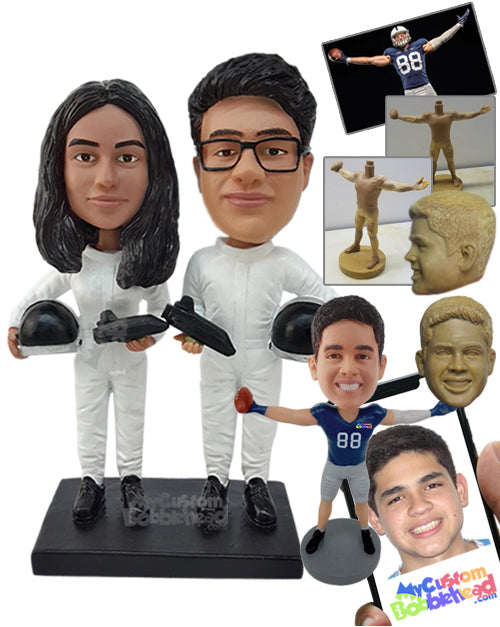 Astronauts Couple Ready to Enter Spaceship, Holding Their Helmets and Space Clothes Personalized Bobblehead