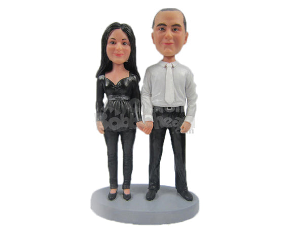 Custom Bobblehead Couple Holding Hands Wearing Classy Formal Attire - Wedding & Couples Couple Personalized Bobblehead & Cake Topper