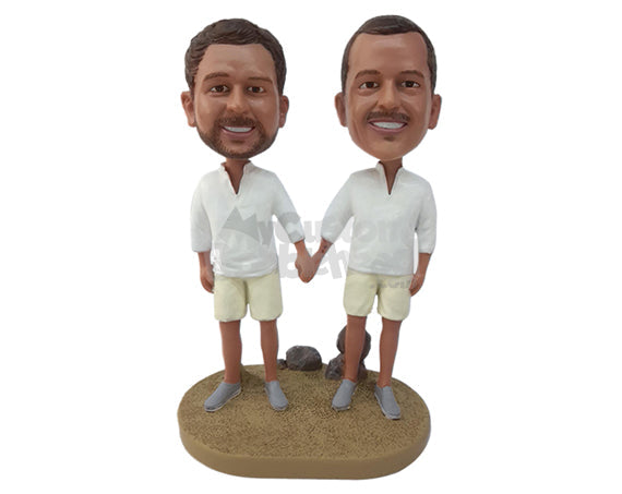 Custom Bobblehead Male couple  holding hands on the beach wearing shirts and shorts - Wedding & Couples Same Sex Personalized Bobblehead & Action Figure