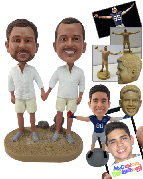 Male couple holding hands on the beach, wearing shirts and shorts Personalized Bobblehead