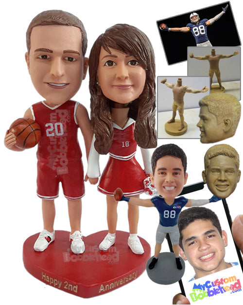 Basketball Player Holding the Ball and Cheerleader Couple Ready for Their Homecoming Game Personalized Bobblehead