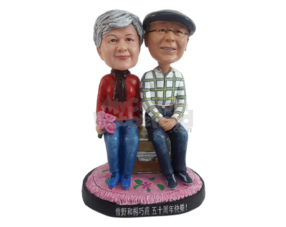 Custom Bobblehead Old happy couple sitting on a bench relaxing and anjoying life wearing nice scarf and sweater - Wedding & Couples Couple Personalized Bobblehead & Action Figure