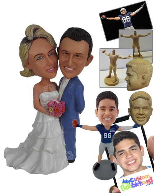 Nice wedding couple hugging, wearing nice dresses, and holding a bouquet Personalized Bobblehead