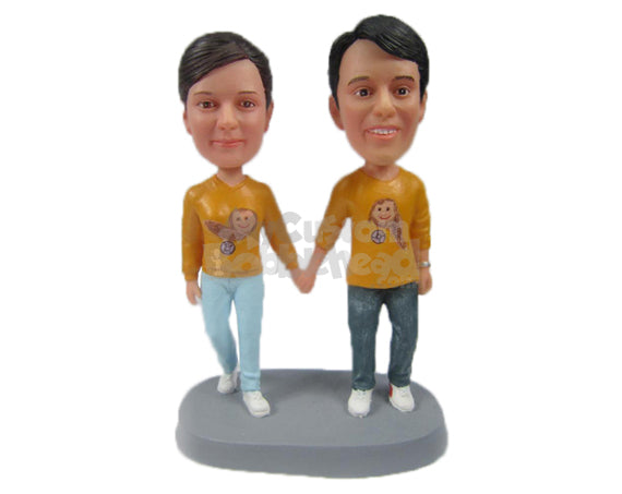 Custom Bobblehead Couple In Casual Matching Outfits - Wedding & Couples Couple Personalized Bobblehead & Cake Topper