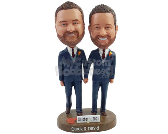 Happy Loving Gay Couple Holding Hands and Wearing the Same Nice Suits Personalized Bobblehead