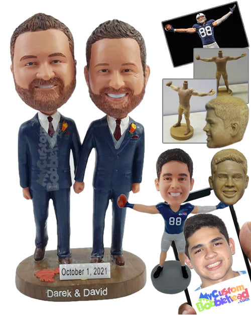 Happy Loving Gay Couple Holding Hands and Wearing the Same Nice Suits Personalized Bobblehead